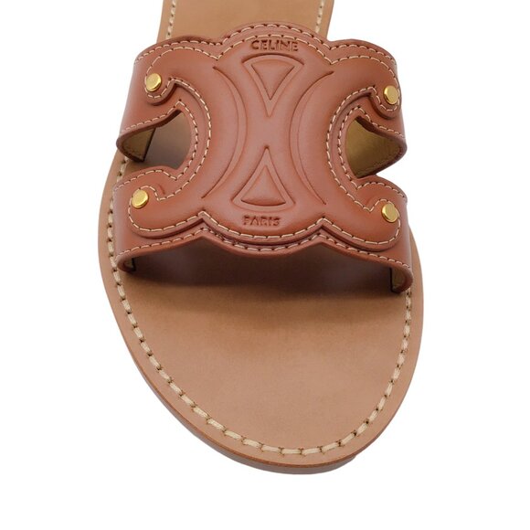 CELINE TAN LEATHER TRIOMPHE SLIDE SANDALS - Picture 9 of 11